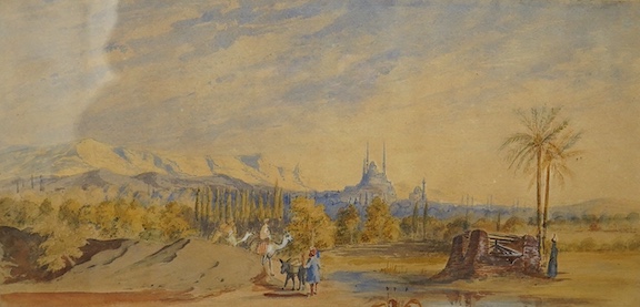 A 19th century watercolour of Cairo, signed and dated I.B. 1860, 25 x 52cm. Condition - fair